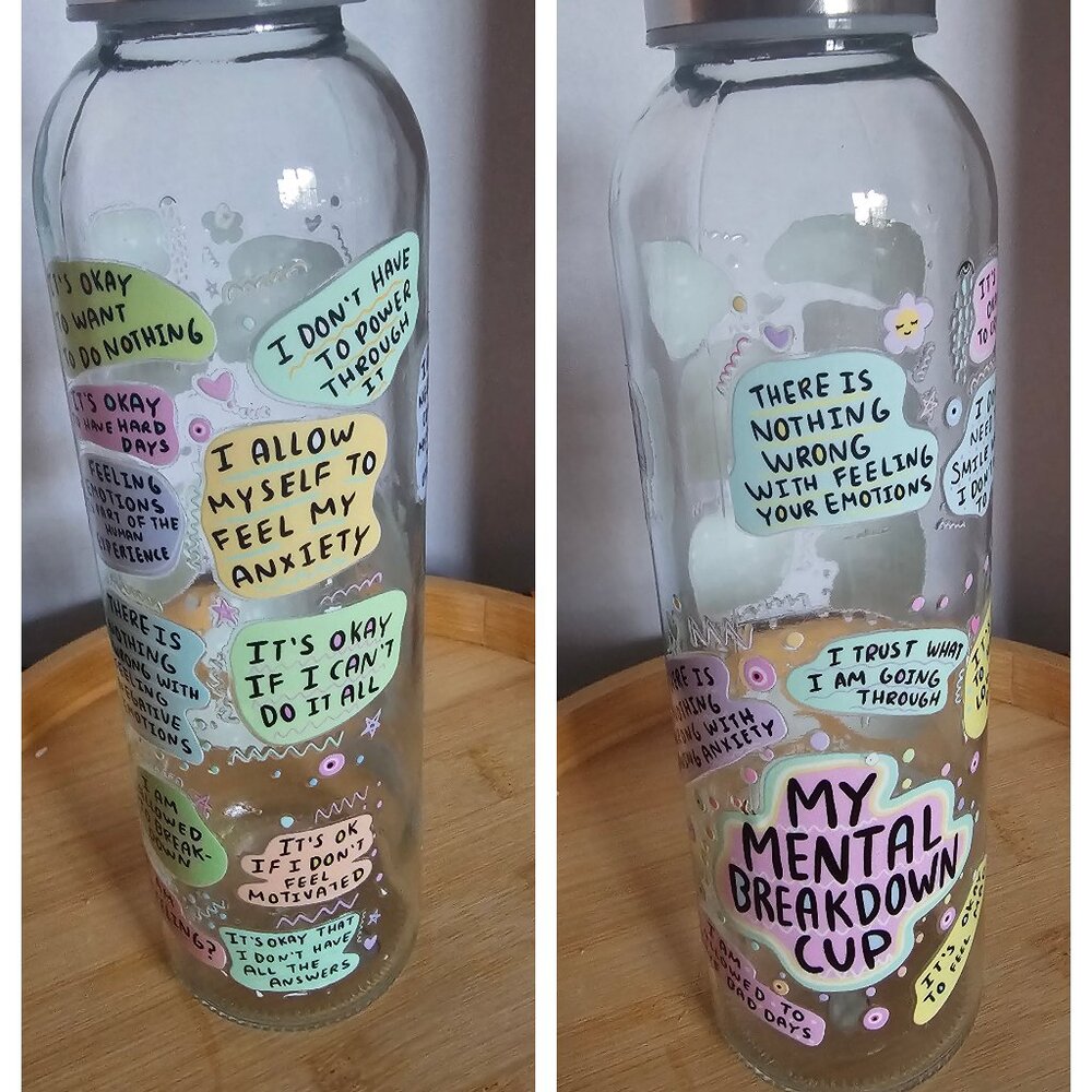 20oz glass water bottle: Mental health breakdown cup